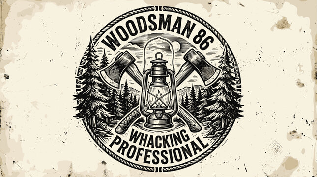 Vintage Woodsman 86 emblem with crossed axes and oil lantern, rustic lumberjack badge with pine forest, outdoor adventure vector illustration