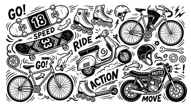 Retro hand-drawn extreme sports doodle set, vintage black and white transportation icons, urban skate and bike culture vector illustrations