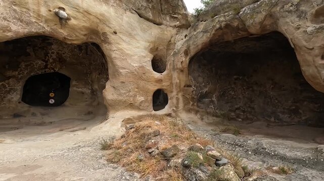 Two adjoining rock chambers open through a weathered sandstone wall at Uplistsikhe, Georgia, illustrating early excavation methods, vernacular construction, geological erosion