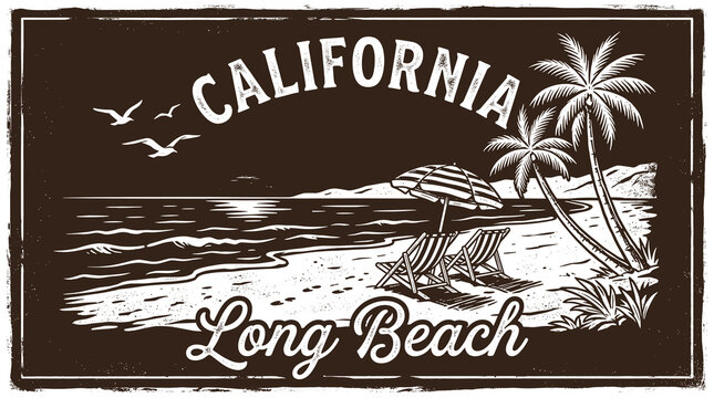 Vintage California Long Beach travel poster vector, retro monochrome beach landscape with palm trees and sunset, nostalgic coastal vacation illustration