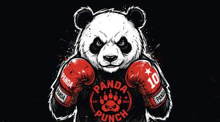 Angry panda boxing mascot vector, fierce panda punch character with red gloves, aggressive bear fighter illustration for sports apparel © Iconify Studio