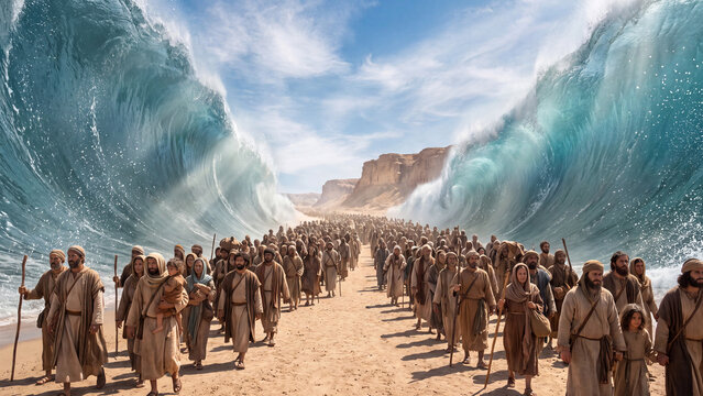 Biblical Israelites crossing the Red Sea. People in robes walk between towering parted waters in a desert canyon