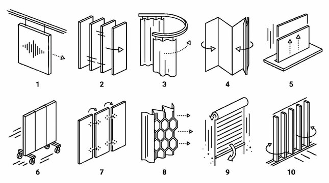 A collection of ten different types of movable partition and room divider mechanisms.