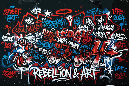 Urban graffiti wall background with Rebellion and Art text, vibrant street art mural vector, red and blue spray paint tags on dark grunge texture
