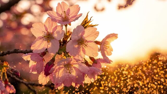 Cherry blossom tree branches with pink buds transitioning to full bloom, illuminated by golden sunlight, creating a vibrant spring atmosphere with sparkling droplets