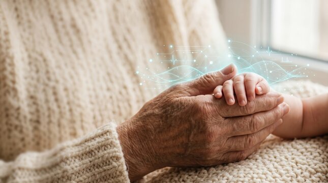 Generations connect with a gentle touch, symbolizing love and future