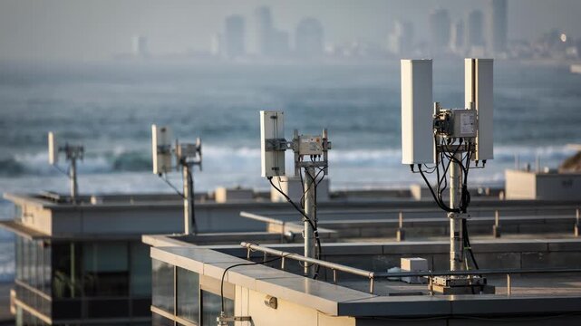 Focused view on aligned directional microwave antennas atop coastal buildings with ocean and blurred cityscape creating an atmospheric tech connection scene