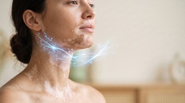 Woman with vitiligo and digital overlay on her neck representing health data