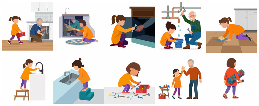 Grandfather and granddaughter fixing kitchen sink and plumbing pipes flat vector illustration set