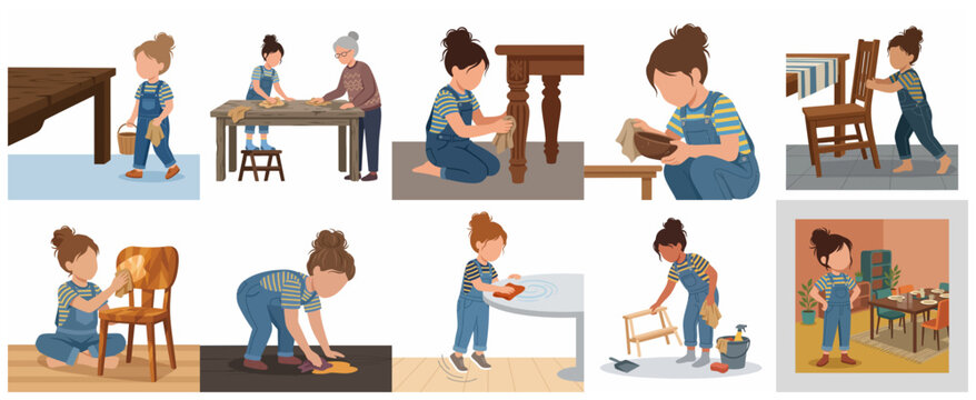 Set of flat vector illustrations featuring a little girl doing domestic chores, cleaning furniture, and helping at home.