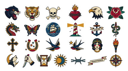 Obraz premium Neo-traditional Tattoo Flash Set: Animals, Symbols, Icons, Vintage Style