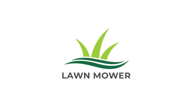 Lawn mower service professional business logo showing green grass leaves over double layered waves on white background.
