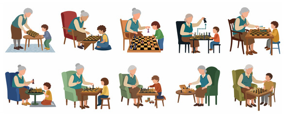 Vector illustration set of a grandmother teaching her grandson to play chess, showcasing family bonding and intergenerational learning through board games. © Lawsson