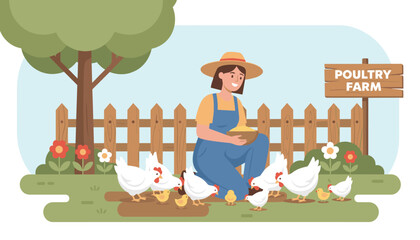 Fototapeta premium Happy young woman farmer feeding white chickens and tiny yellow chicks on her sustainable organic poultry farm outdoors.