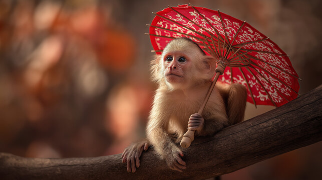 Capuchin Monkey Holding Tiny Parasol While Sitting on Tree Branch, Bright Cheerful Wildlife Portrait