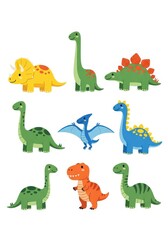 Fototapeta premium Set of Cute Cartoon Dinosaurs - T-Rex, Triceratops, Stegosaurus, Pterodactyl, Brachiosaurus, and Diplodocus Illustrations.
