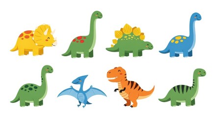 Fototapeta premium Set of Cute Cartoon Dinosaur Vector Illustrations for Kids - T-Rex, Triceratops, Stegosaurus, and More