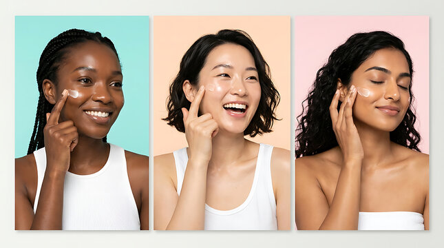 Three women of diverse ethnicities applying facial moisturizer on colored backgrounds woman female face