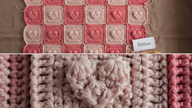 Crochet square pattern with raised heart design pink light pink textured stitches handmade decorative textile craft creative background