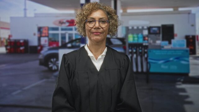 Middle aged hispanic woman judge in black robe smiling with closed eyes, face centered in front of gas pump and car at building; calm dignity authority.