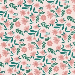 Fototapeta premium Elegant seamless floral pattern featuring dusty pink flowers and teal leaves on a soft blush background, perfect for fabric, wallpaper, wrapping paper, and textile designs.