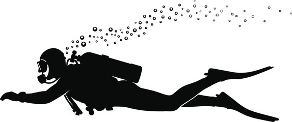 Scuba diver silhouette swimming underwater with gear mask flippers and rising air bubbles vector illustration © MSTSABINA