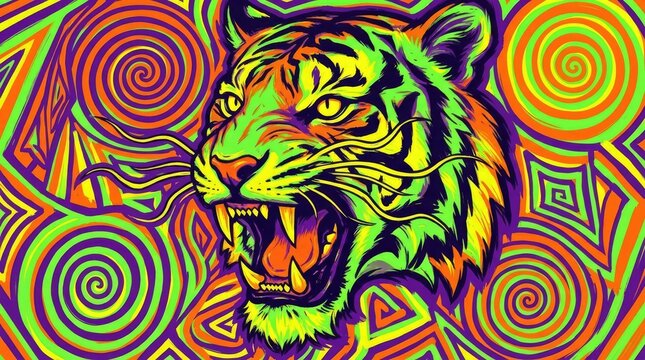 Neon tiger head with psychedelic colorful swirl art background.