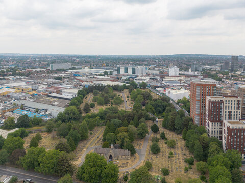 LONDON - aerial view of Acton Cemetery and Park Royal industrial area