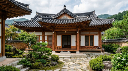 Obraz premium Traditional Korean Hanok House with Garden - Architecture and Nature