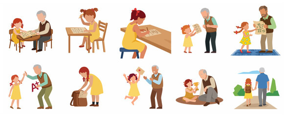 Grandfather and granddaughter education set with elderly man helping girl study, doing homework, celebrating good grades, and walking to school.