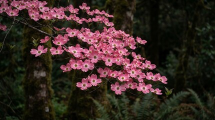 Obraz premium Delicate Pink Dogwood Blossoms in a Lush Forest Setting.