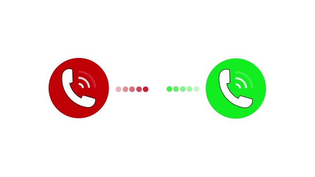 Red and green phone call icons facing each other on a white background, with fading signal dots between them, showing incoming and outgoing communication, contact, connection, and calling.