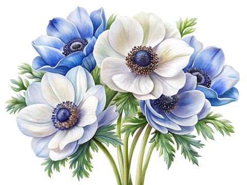Beautiful hand painted watercolor floral bouquet featuring elegant blue and white anemone flowers on white background