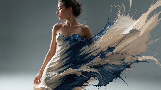 A woman poses gracefully in a flowing dress, enhanced by dynamic splashes of blue and white paint, creating a sense of motion and artistic expression against a muted background.