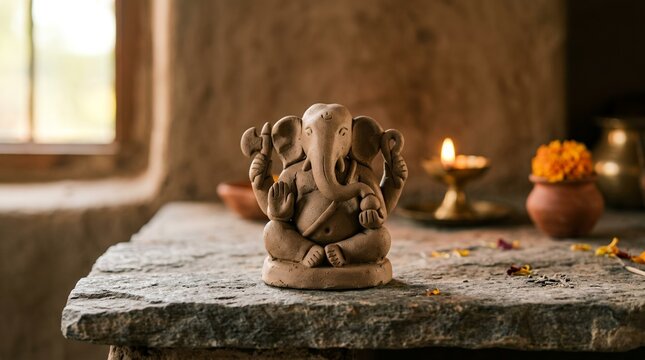 Ganesha Idol on Stone Table with Candle and Flower.