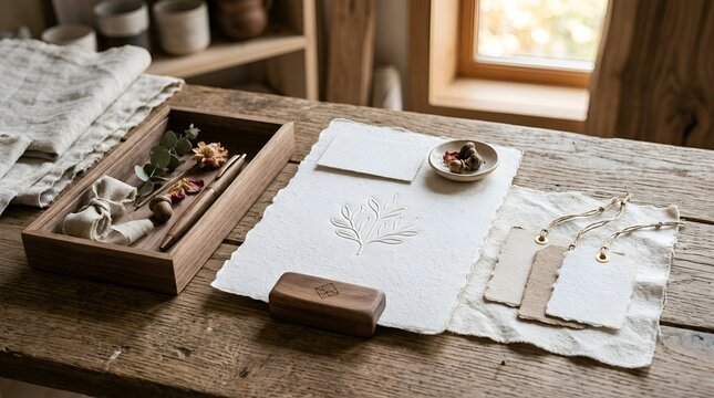 Artisan stationery and craft supplies on rustic wooden table