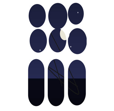 Abstract dark blue circular and capsule shapes with line art geometric abstract minimalist composition