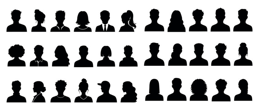 Collection of male and female avatar profile silhouettes isolated on white background