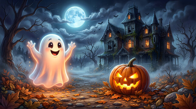 Cute Halloween ghost in front of haunted house, spooky night landscape with glowing jack o lantern pumpkin, friendly ghost character in misty graveyard Halloween
