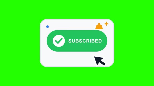 Animated subscribe and notification bell icon with a mouse click on a chroma key green background for video content creators