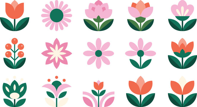 Flat design geometric flower icons collection vector illustration of minimalist floral elements for spring patterns and branding