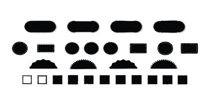 Set of black postage stamp borders and decorative shapes with jagged edges for labels and design elements