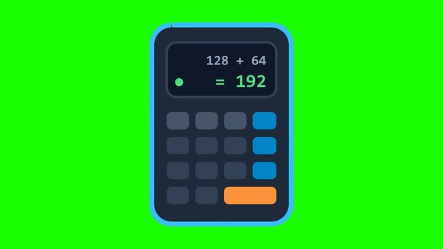 Digital calculator device showing addition and calculation result on green screen background
