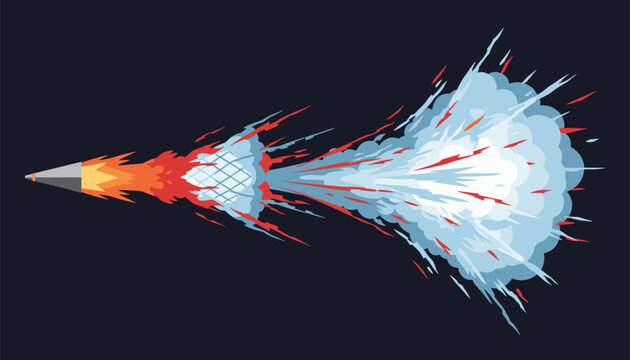 Pixel art representation of a rocket or missile flying fast with powerful exhaust smoke and blast effect on dark background.