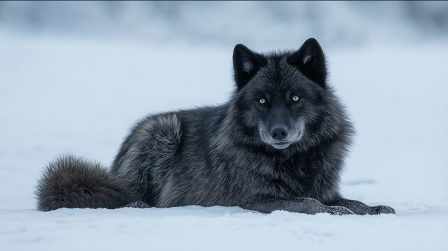 Black Yearling Female Gray Wolf of the Nez Perce Pack in Yellowstone National Park, Wyoming, USA
