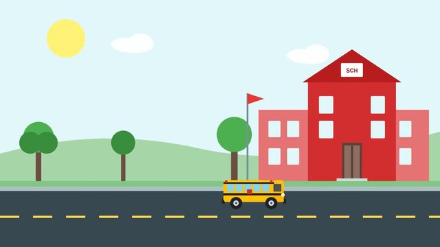 Yellow school bus driving to a red school building under a bright sun in a flat vector illustration