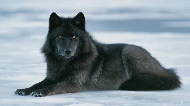 Black Yearling Female Gray Wolf of the Nez Perce Pack in Yellowstone National Park, Wyoming, USA