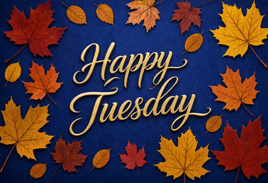 Beautiful autumn leaves surrounding elegant happy tuesday calligraphy greeting card design
