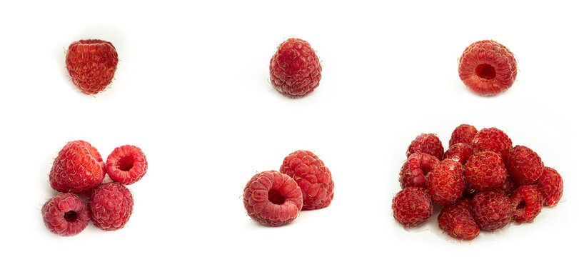 Fresh raspberries on a white background. Summer, sweet berry. High quality photo. Raspberry set.