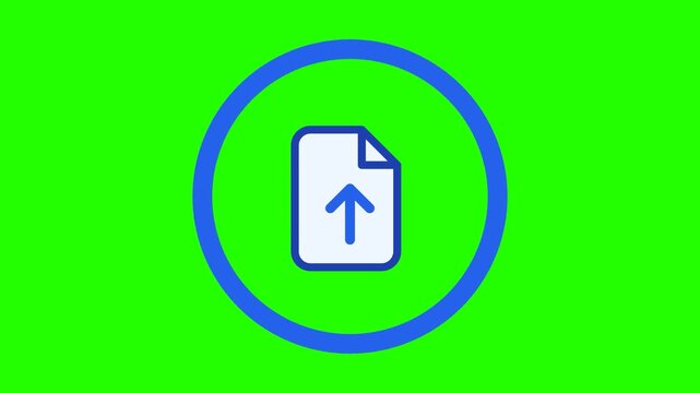 Minimalist blue file upload icon within circular frame over green chroma key background